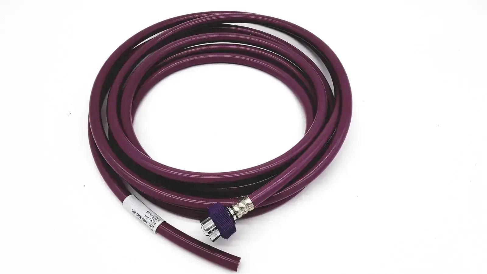 Maroon coiled hose assembly with metallic connector and purple fitting for datex ohmeda hose assembly evacuation use