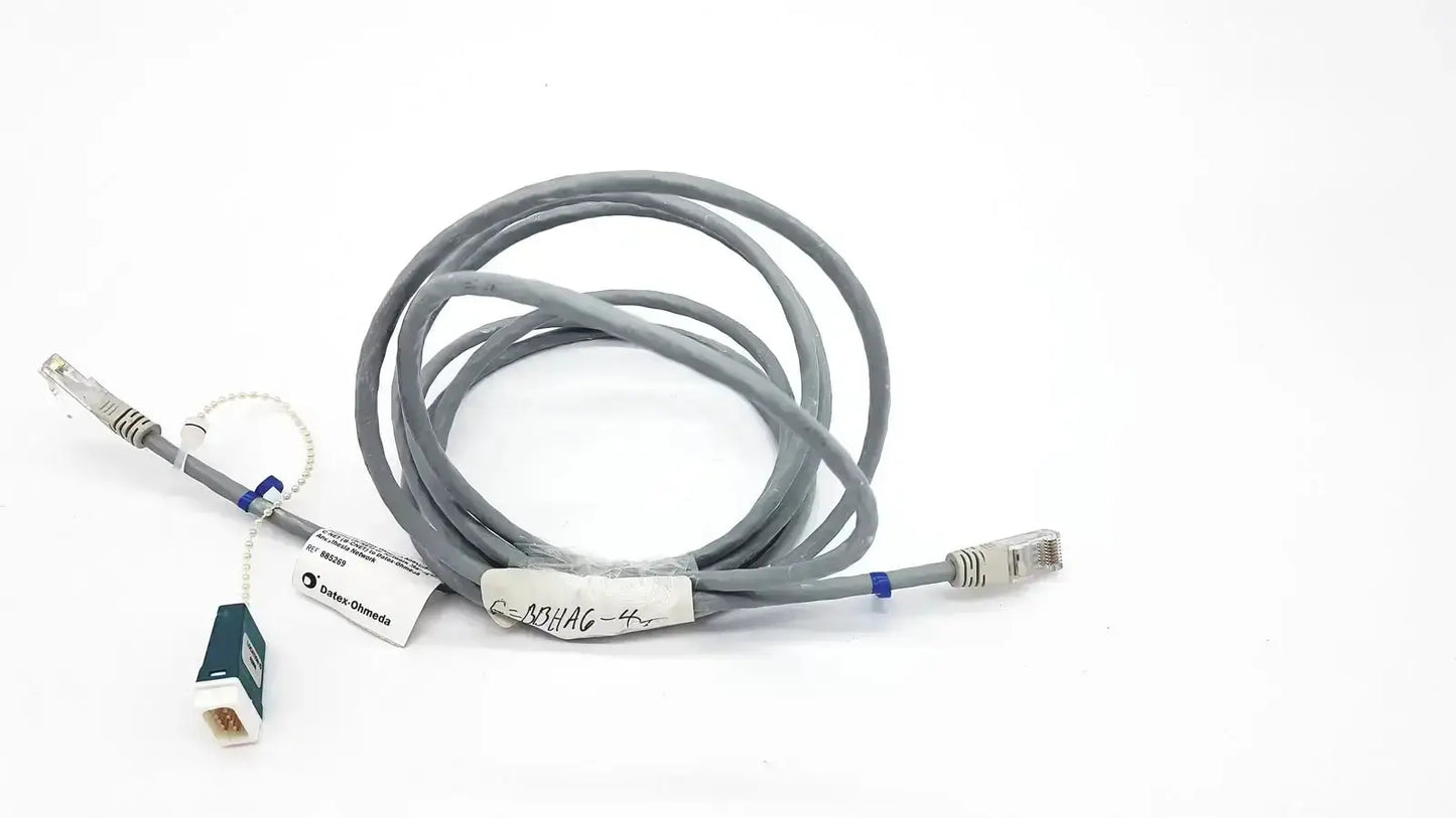 Gray datex ohmeda mon ic network cable with two rj45 connectors and green adapter 10ft length