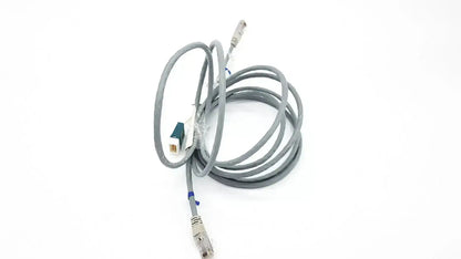 Gray Datex Ohmeda mon ic network cable with two rj45 connectors including one green and white plastic housing, 10ft length