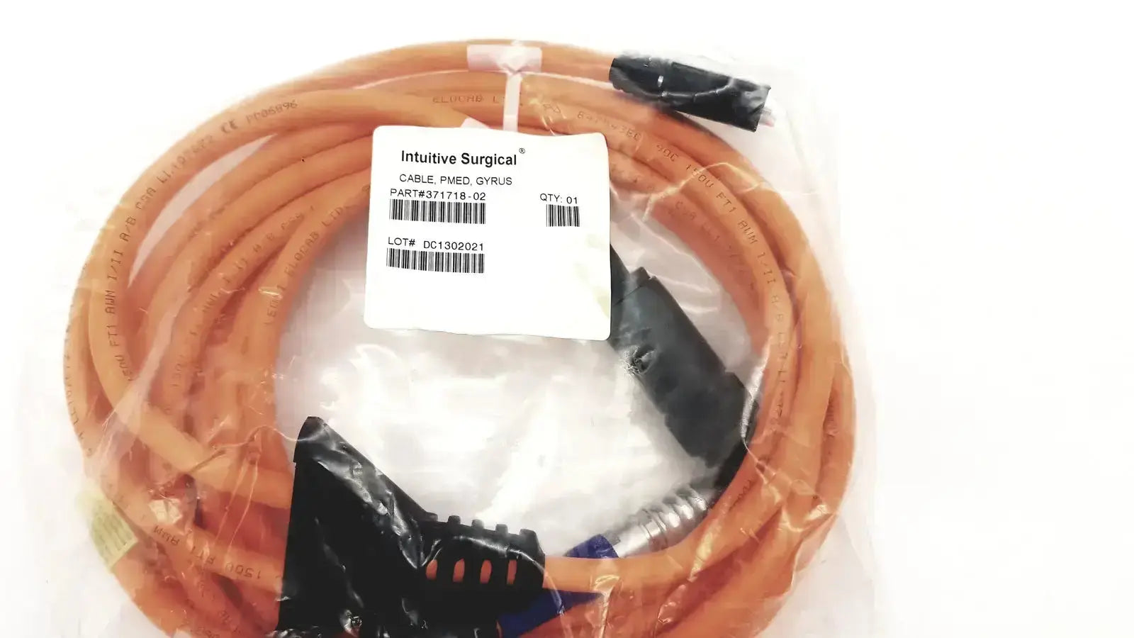 Orange medical cable with black connectors and white label from davinci intuitive surgical model 371718-02 pmed gyrus cable