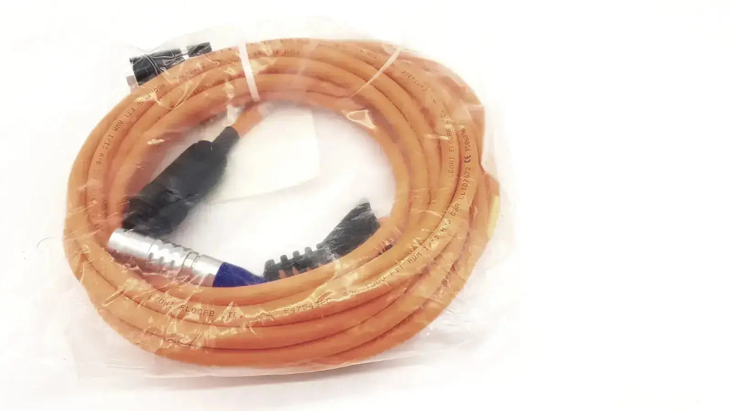 DaVinci Intuitive Surgical orange coiled cable with black silver connectors packaged in clear plastic for surgical use