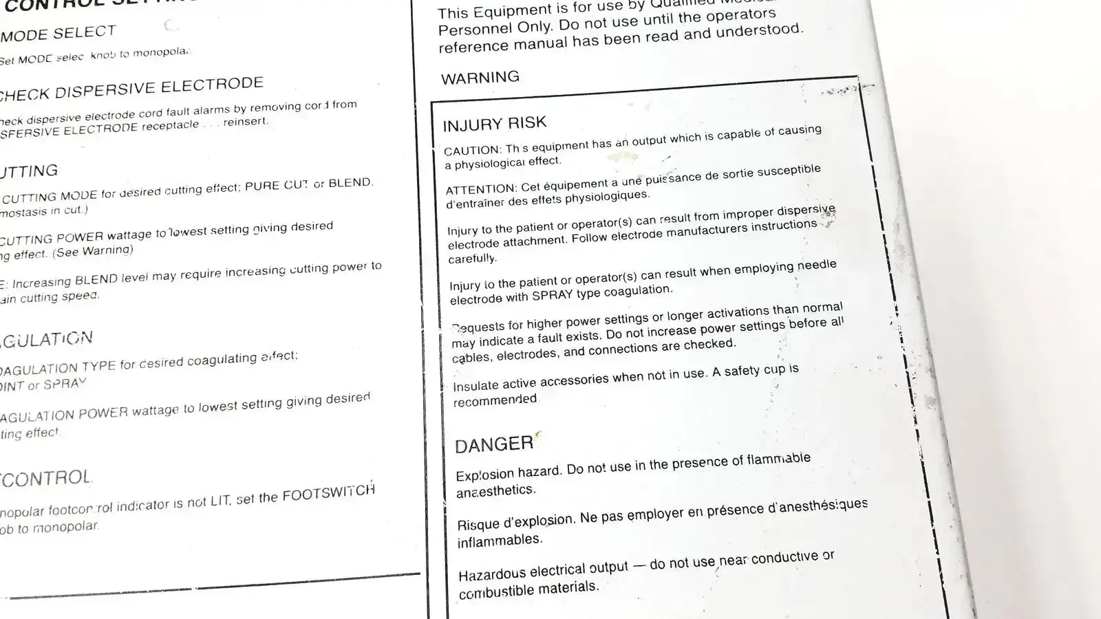 Printed safety warning label in english and french on white paper for davol electro medical system 5000 product