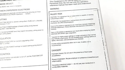 Printed safety warning label in english and french on white paper for davol electro medical system 5000 product