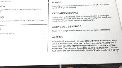 White paper with black text detailing power, signals, accessories, and alarms for davol electro medical system 5000