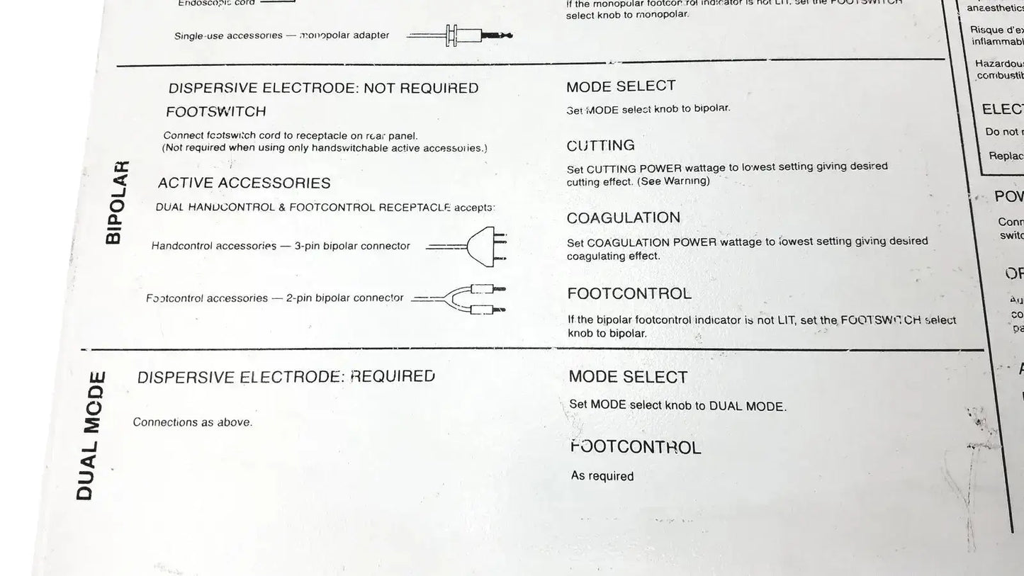 Technical manual page with black text on white paper detailing medical equipment modes and accessories for davol electro medical system 5000
