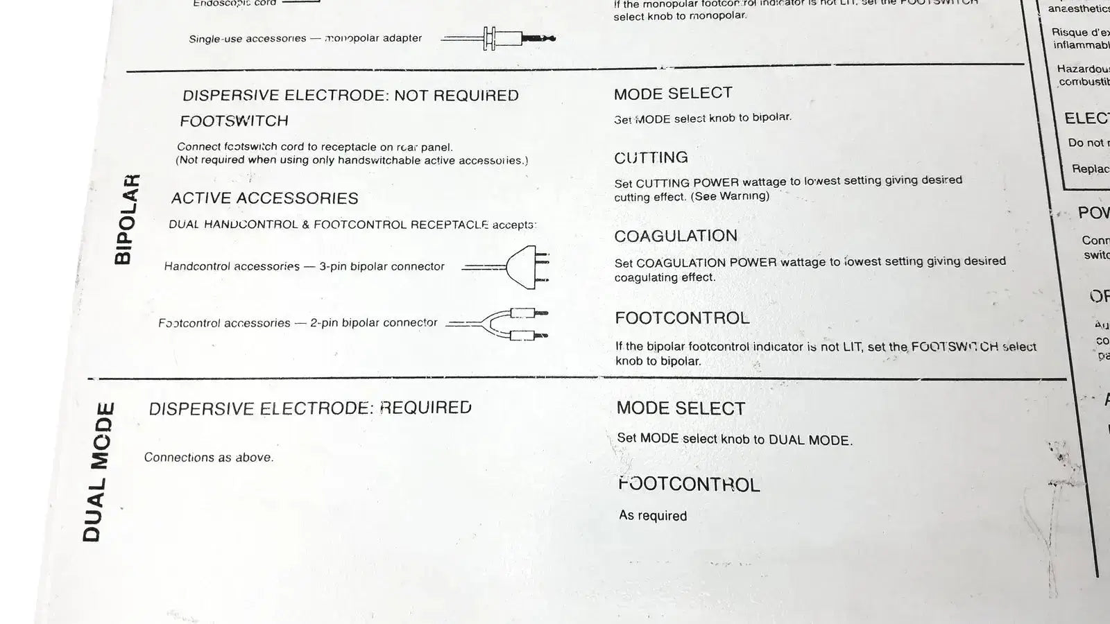 Technical manual page with black text on white paper detailing medical equipment modes and accessories for davol electro medical system 5000
