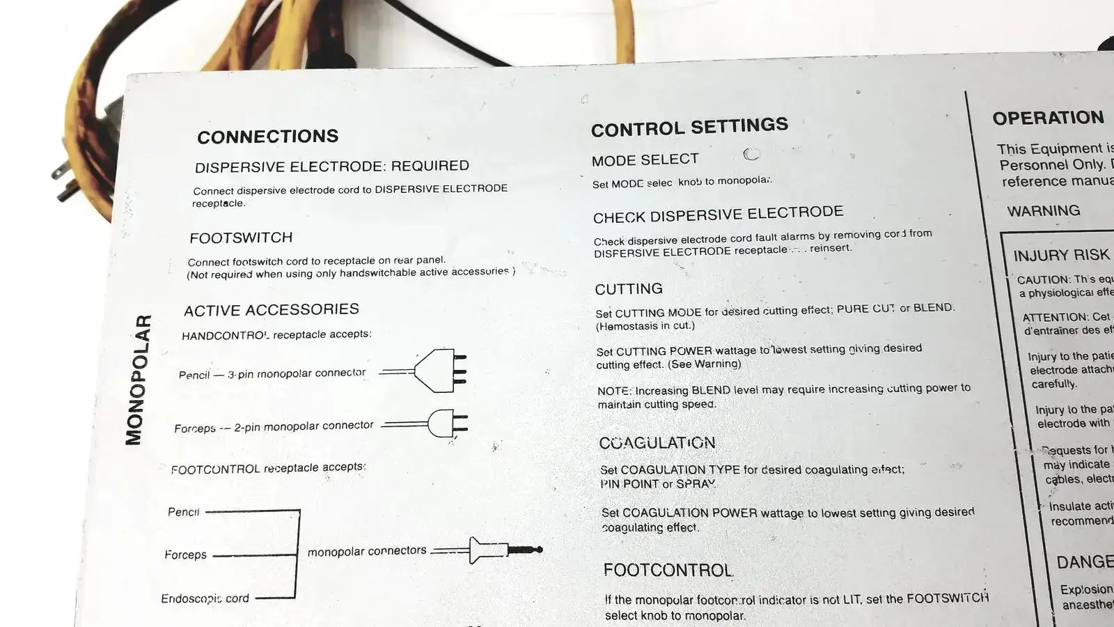 A white paper manual with diagrams and text detailing connections and operation instructions for davol electro medical system 5000
