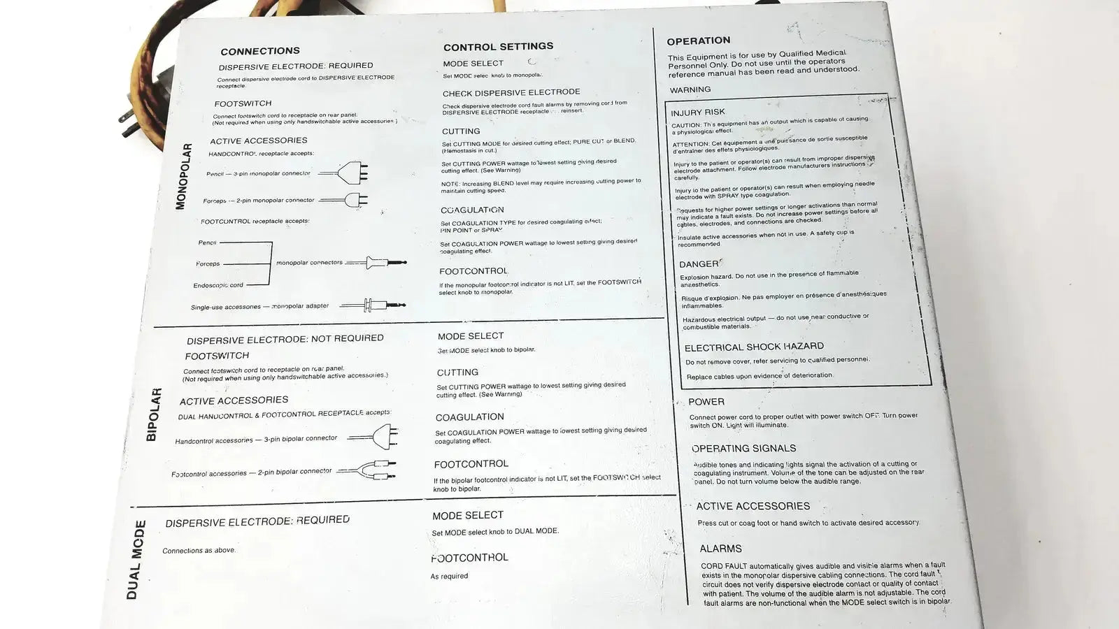 Technical manual page with black text on white paper detailing control settings for davol electro medical system 5000 equipment