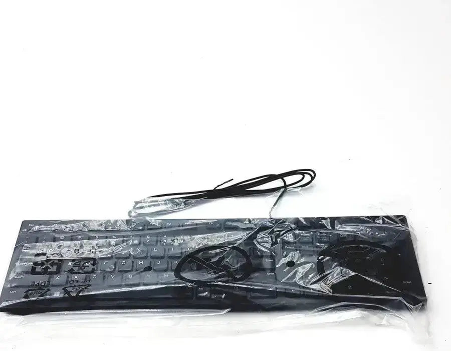Black plastic dell kb216-bk-us wired keyboard with coiled black cable wrapped in clear plastic packaging