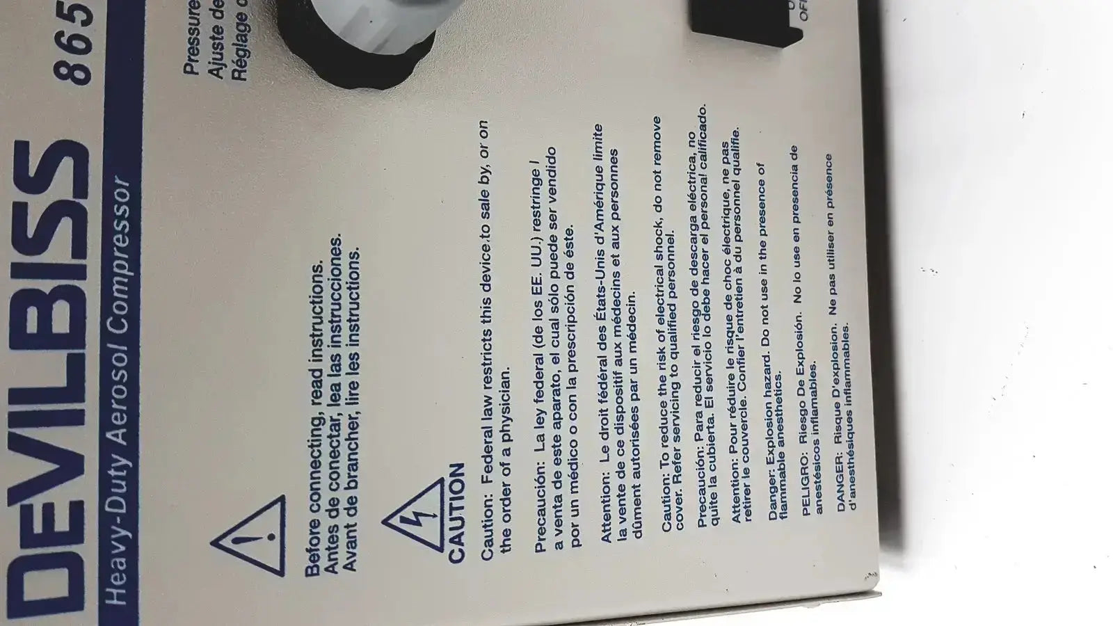Devilbiss heavy duty aerosol compressor 8650D with black and white plastic housing used medical equipment for sale