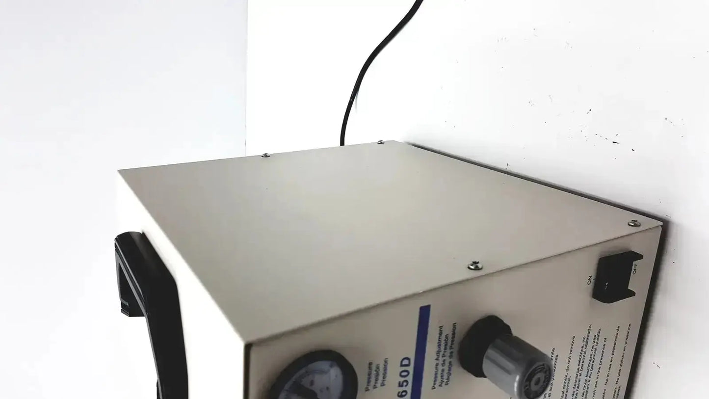 Silver metallic devilbiss heavy duty aerosol compressor 8650d with black handle and control knob for used medical equipment sale