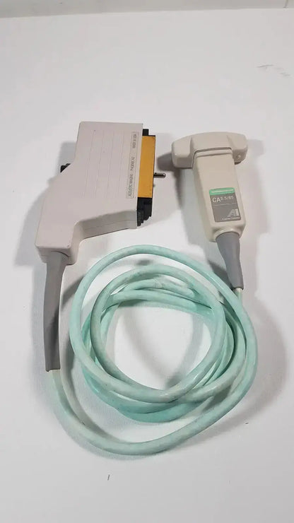 Beige and gray dornier acoustic imaging ai ca 3.5/85 curved array ultrasound transducer with coiled light blue cable