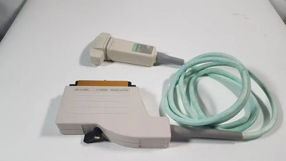 Beige Dornier Acoustic Imaging CA 3.5/85 curved array ultrasound transducer with light blue coiled cable and receiver unit