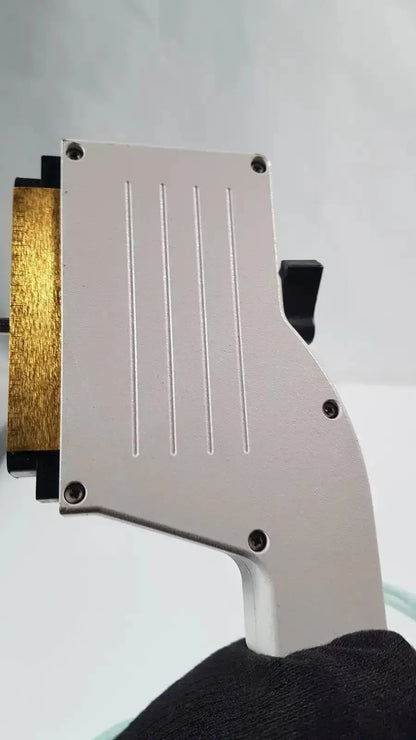White plastic handheld dornier acoustic imaging curved array ultrasound transducer with gold metallic strip and black accents