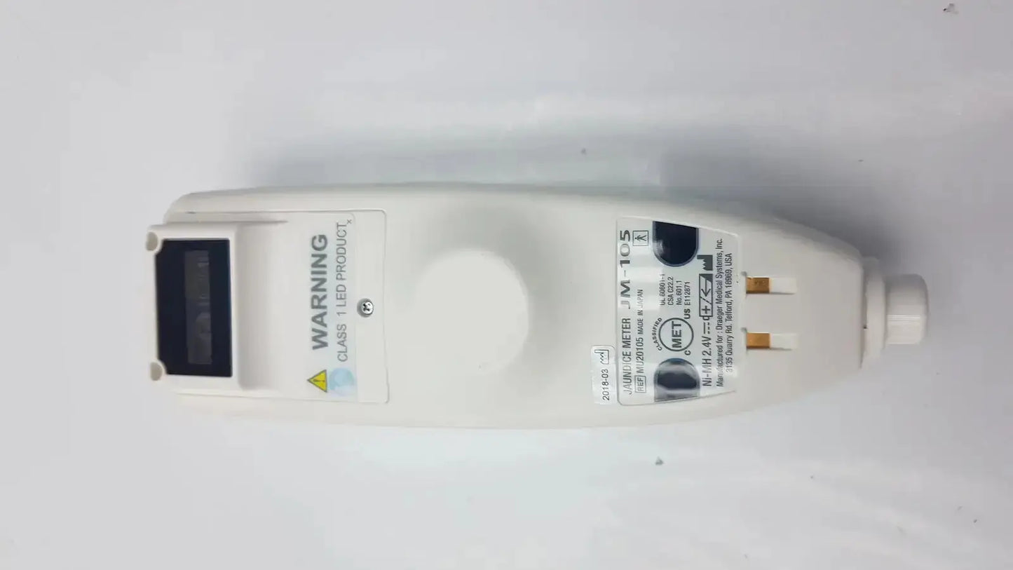 White plastic handheld led digital drager jaundice meter jm-105 with labeled specifications for accurate readings