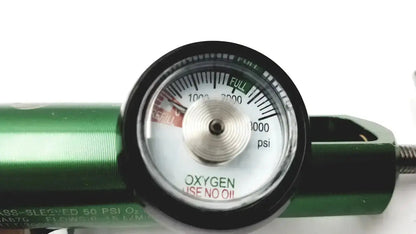 Green cylindrical oxygen tank with drive brass-sleeved oxygen regulator and pressure gauge warning oxygen use no oil