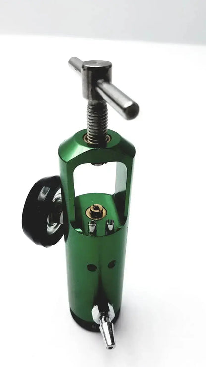 Drive brass-sleeved oxygen regulator model CGA 870 with green metallic body, black knob, and silver threaded handle