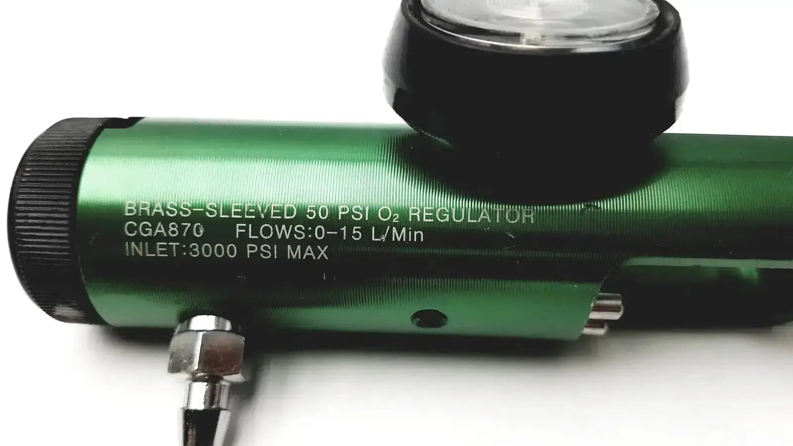 Drive brass-sleeved oxygen regulator model CGA 870 with green brass sleeve black fittings and pressure gauge