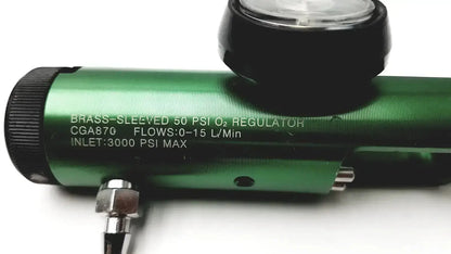 Drive brass-sleeved oxygen regulator model CGA 870 with green brass sleeve black fittings and pressure gauge