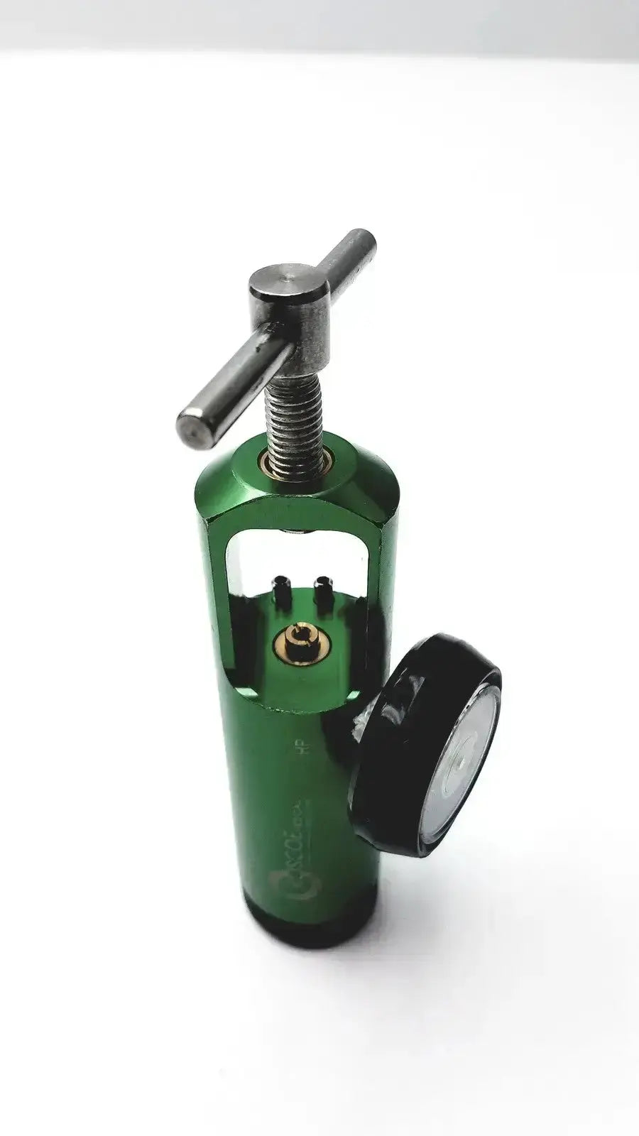 Drive brass-sleeved oxygen regulator model CGA 870 with green metallic body black pressure gauge and silver adjustment knob