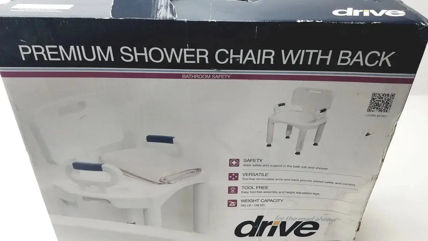 Drive medical premium series white plastic shower chair with navy blue armrests and back for bathroom safety