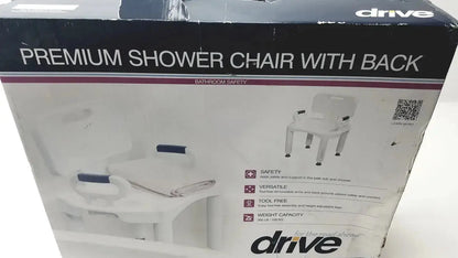 Drive medical premium series white plastic shower chair with navy blue armrests and back for bathroom safety