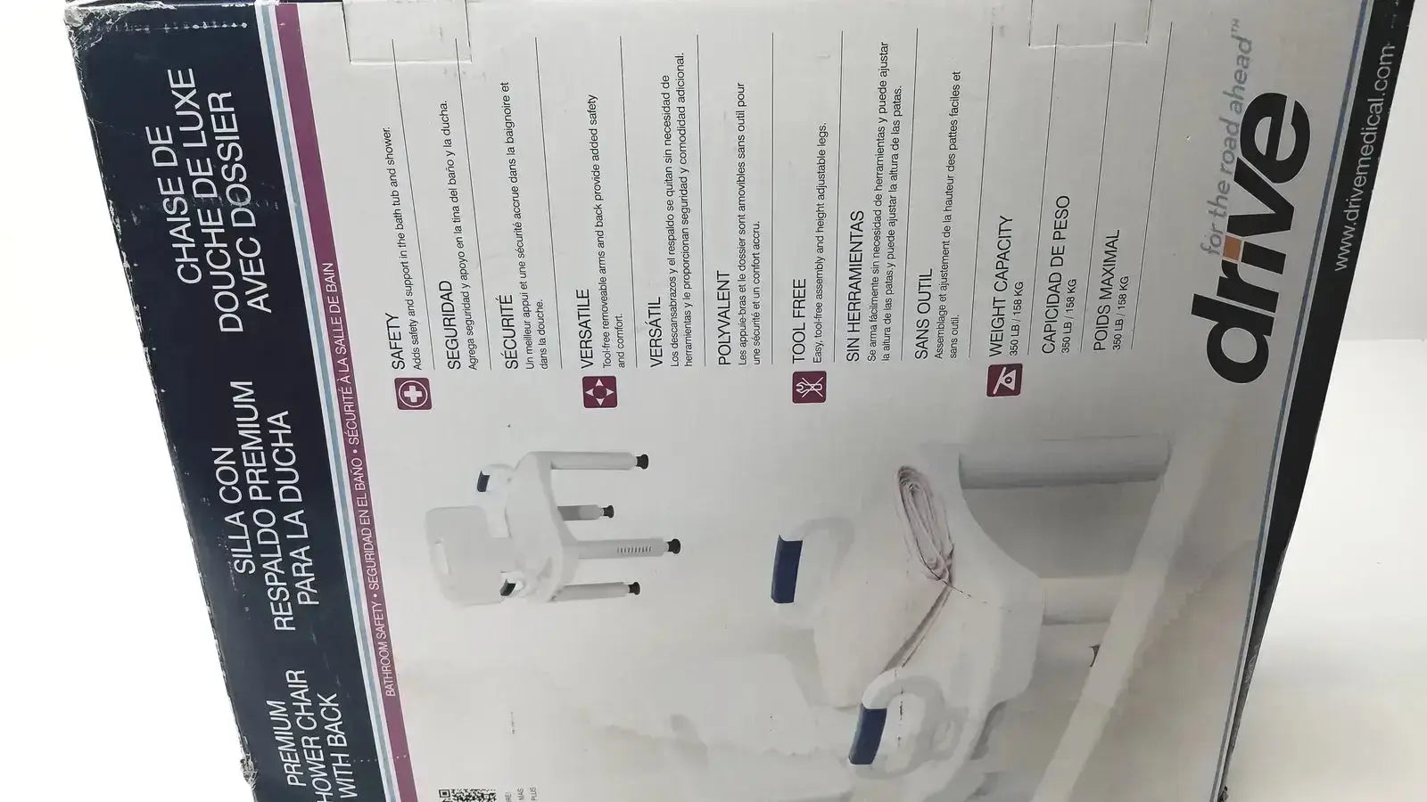 White plastic drive medical premium series shower chair with back and arms designed for comfort and safety during bathing