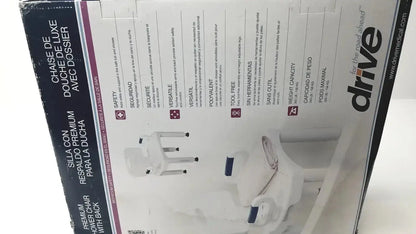 White plastic drive medical premium series shower chair with back and arms designed for comfort and safety during bathing