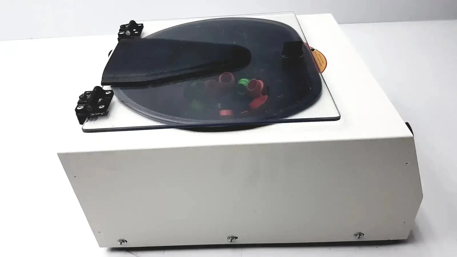 White rectangular Drucker Horizon Laboratory Centrifuge 755V with black platter and tonearm for pre owned medical equipment use
