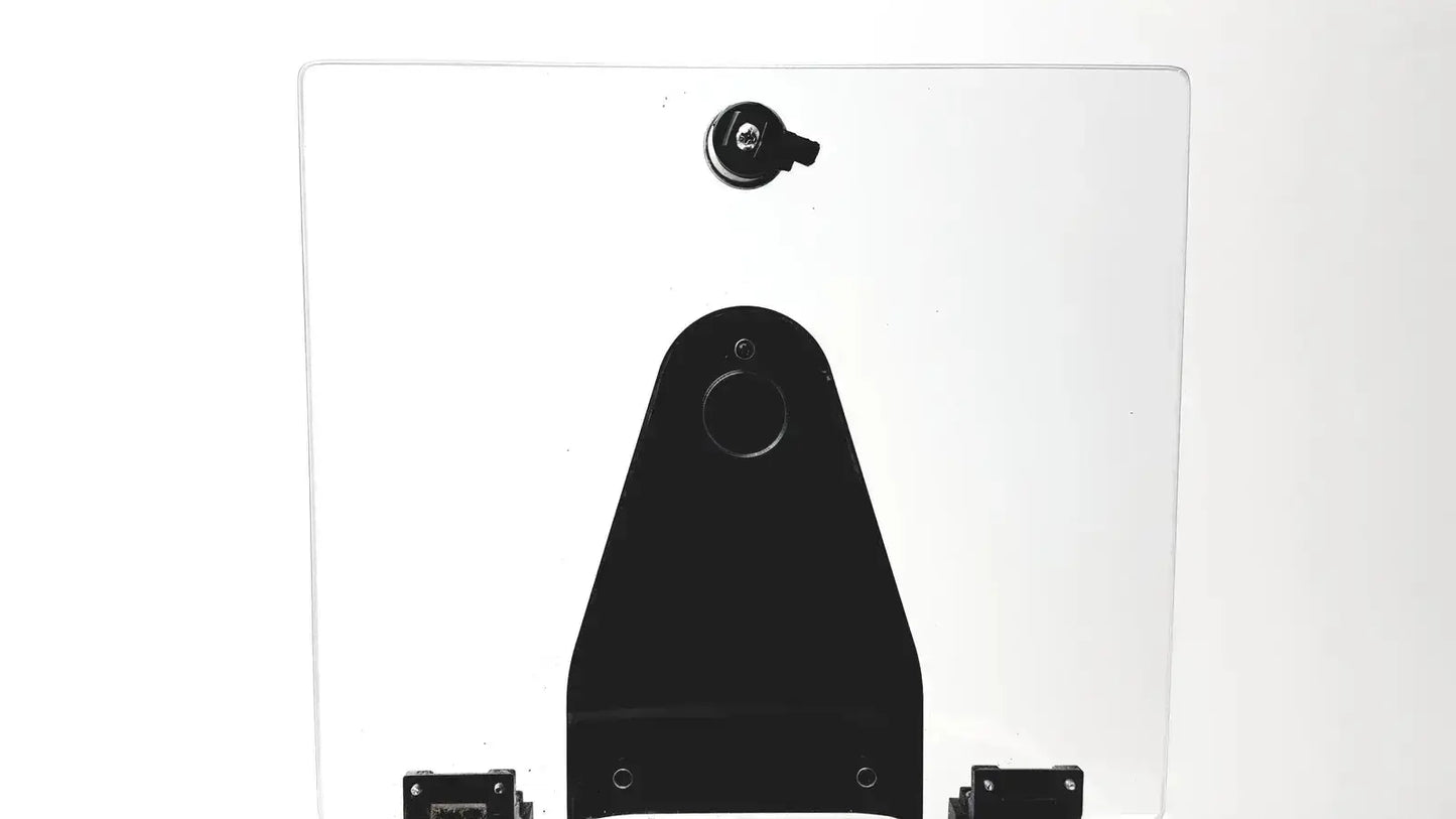 Black plastic mounting bracket with circular cutout and screw holes on transparent panel for Drucker Horizon laboratory centrifuge