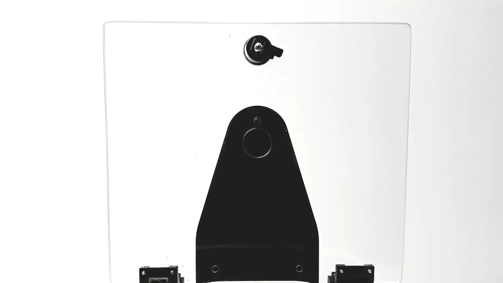 Black plastic mounting bracket with circular cutout and screw holes on transparent panel for Drucker Horizon laboratory centrifuge