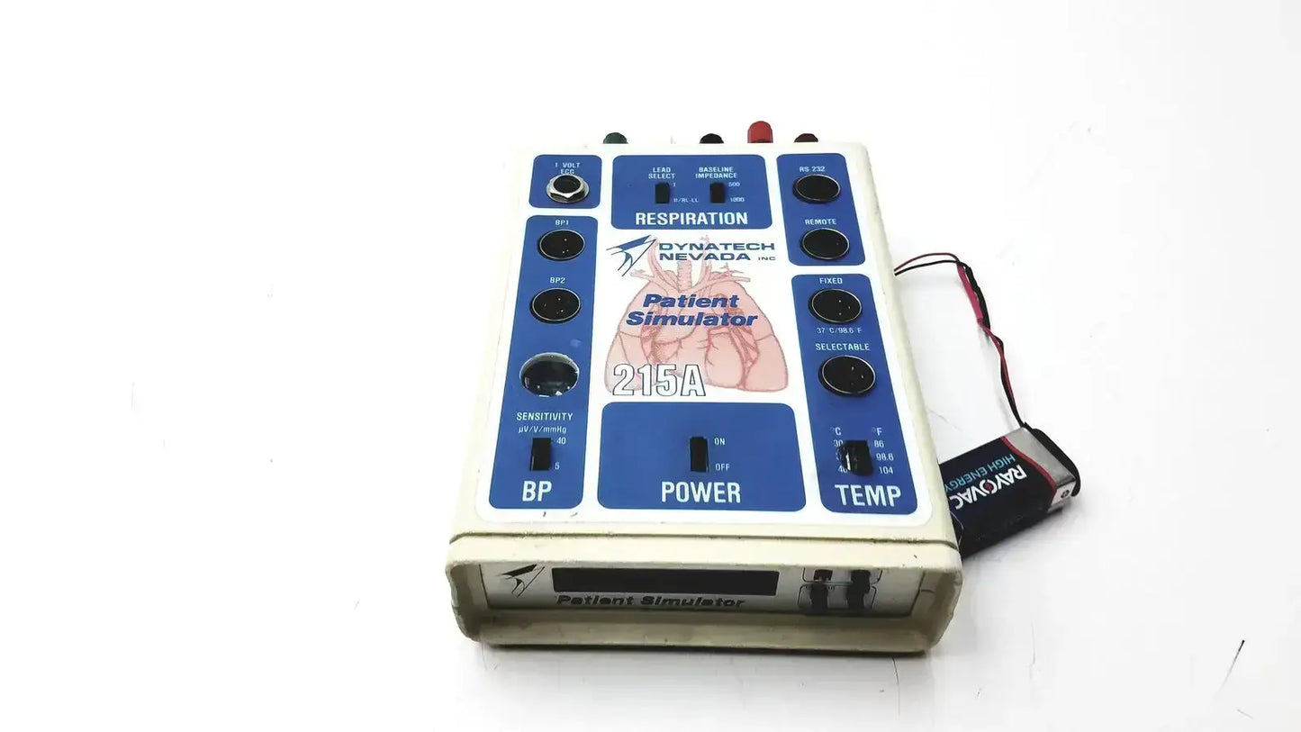White and blue Dynatech Nevada 215A portable lightweight respiratory patient simulator with heart graphic and control knobs