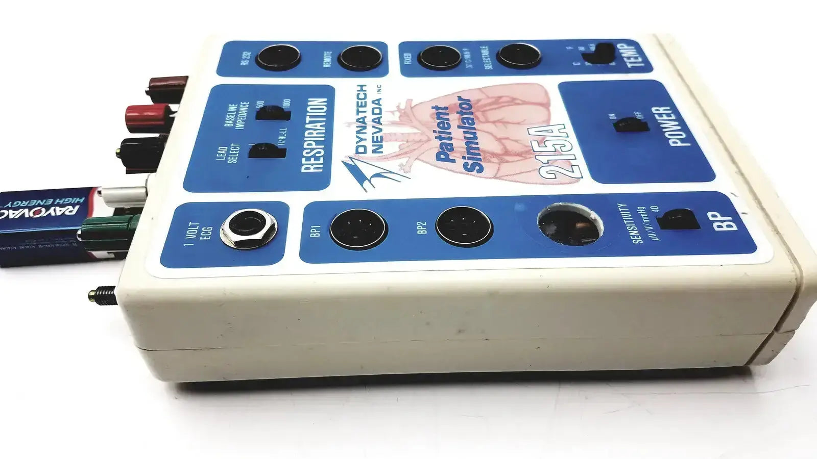 Beige plastic dynatech nevada 215a portable lightweight respiratory patient simulator with blue panels and black knobs
