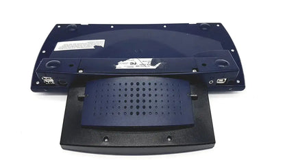 Black plastic laptop stand with dark blue perforated tray and usb ports for dynavox dynawrite speech processor