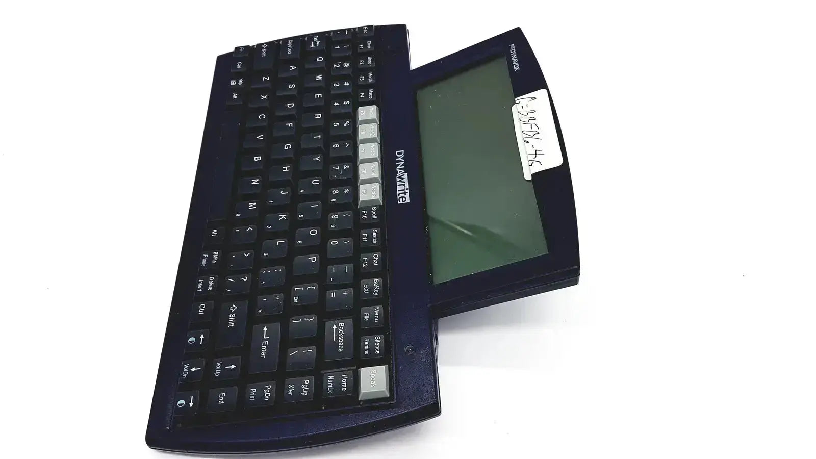 Black dynatec keyboard with integrated screen and silver function keys on dynavox dynawrite speech processor laptop computer