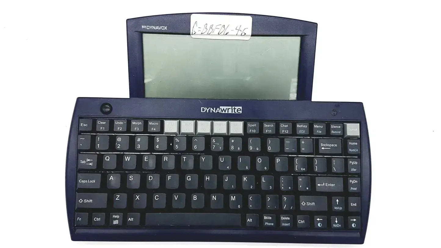 Dark blue dynavox dynawrite speech processor handheld computer with small screen and full qwerty keyboard