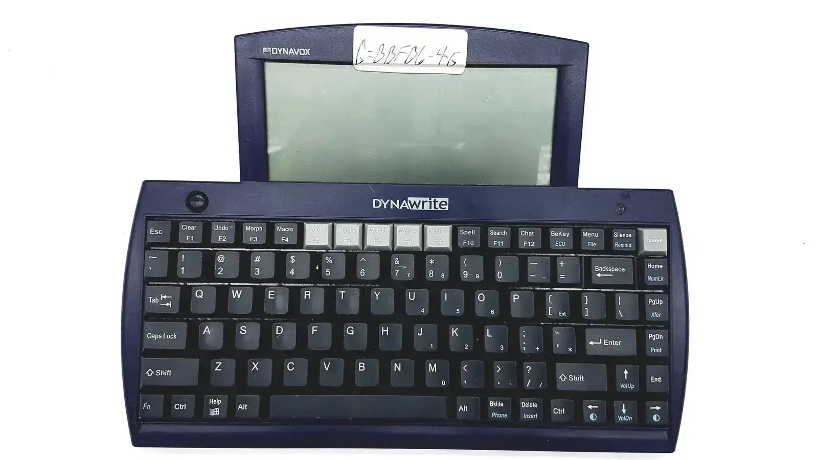Dark blue dynavox dynawrite speech processor handheld computer with small screen and full qwerty keyboard