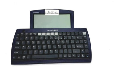 Dark blue dynavox dynawrite speech processor handheld computer with integrated keyboard and screen for speech processing