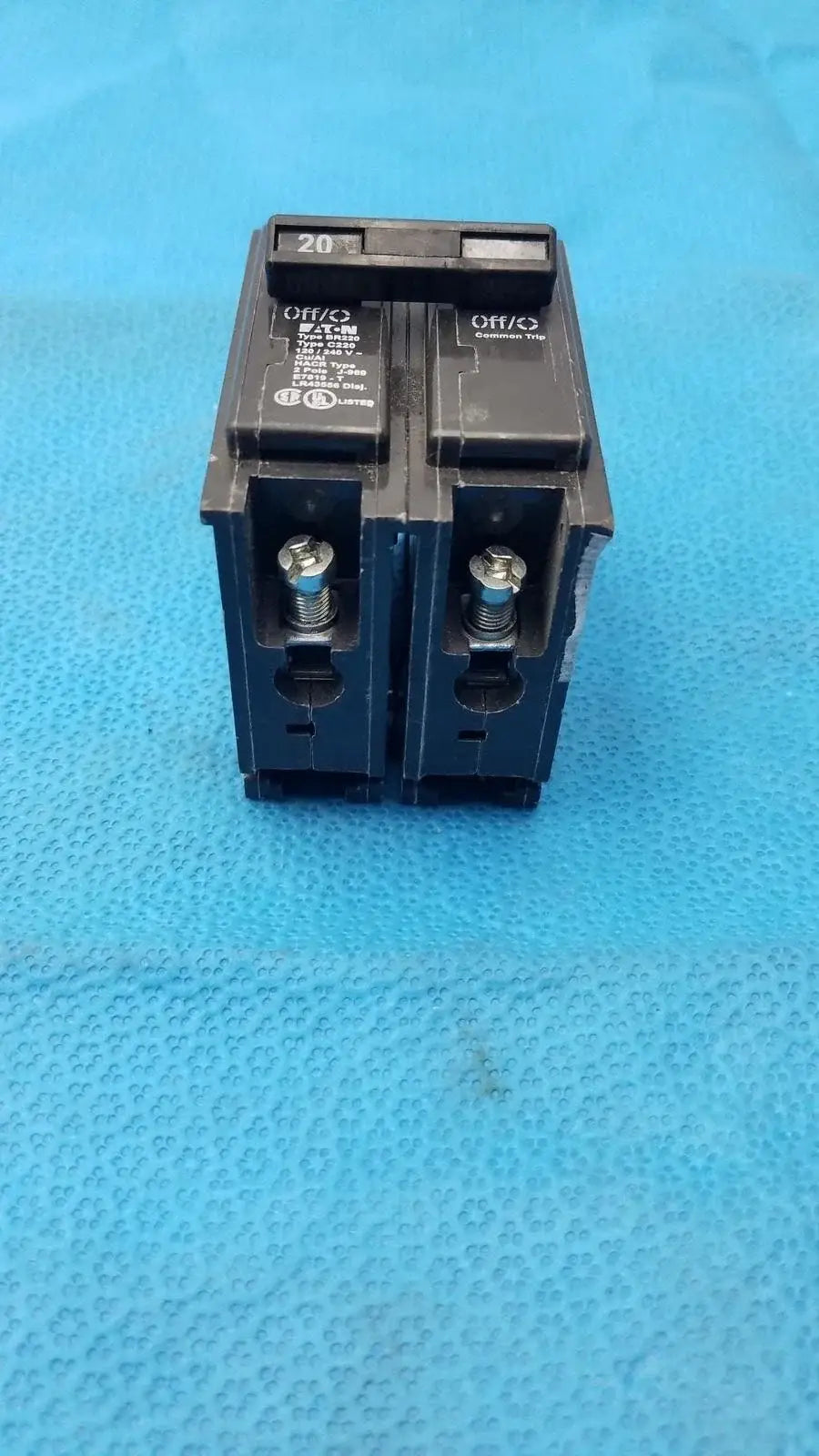 Black Eaton BR220 2-pole 20 amp circuit breaker with silver screws ideal for reuse medical equipment safety systems