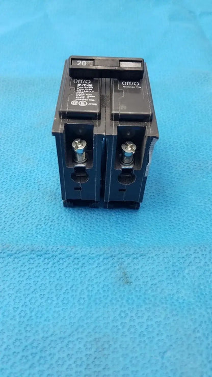Black Eaton BR220 2-pole 20 amp circuit breaker with silver screws ideal for reuse medical equipment safety systems
