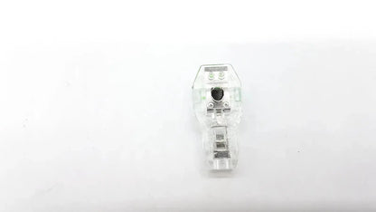 Clear plastic ecg adapter clip 2056813-014 rev a with metallic terminals and central black component for secure connection