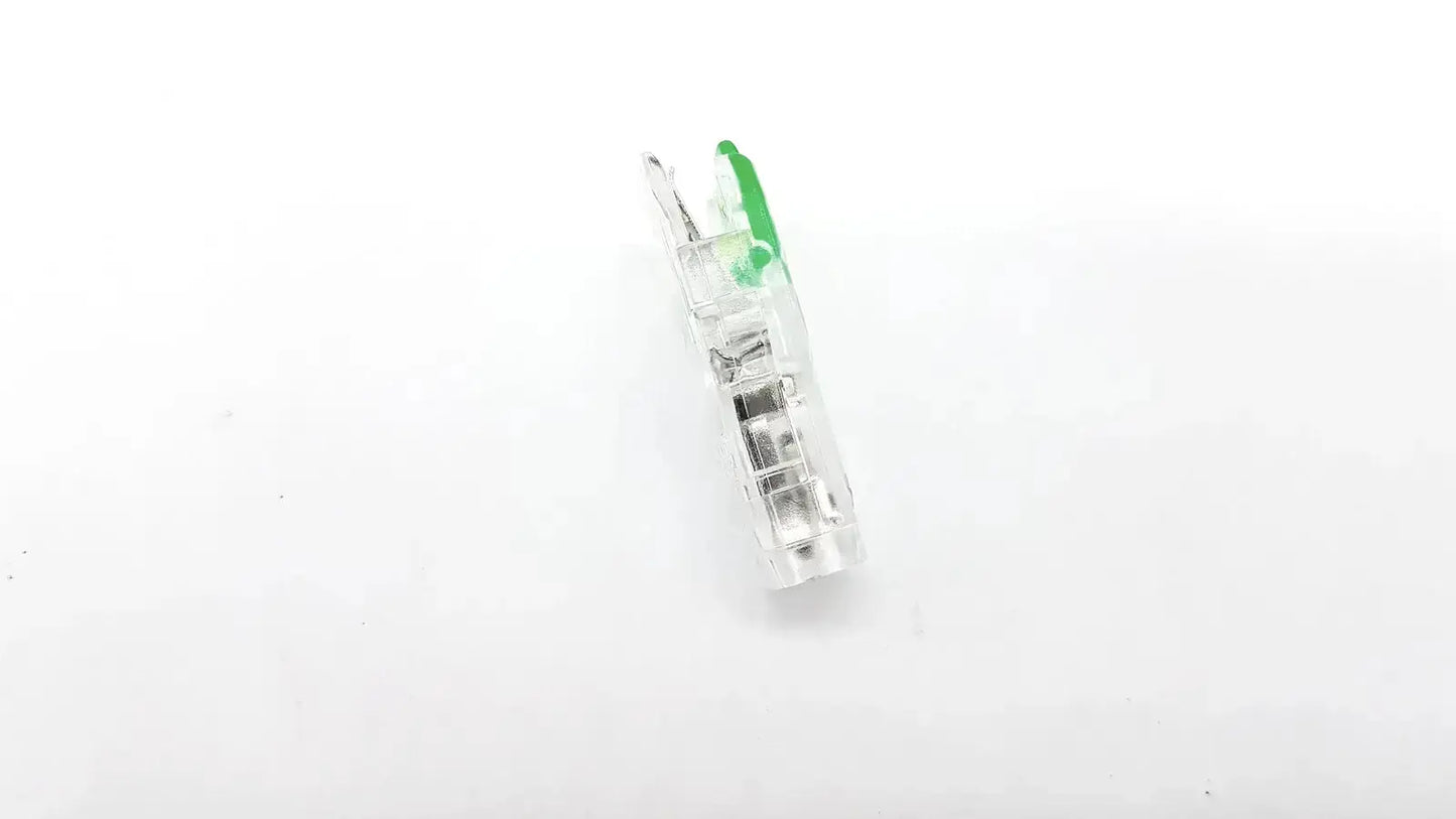 Ecg adapter clip 2056813-014 rev a clear plastic electrical connector with green insulated wire ends for secure connections