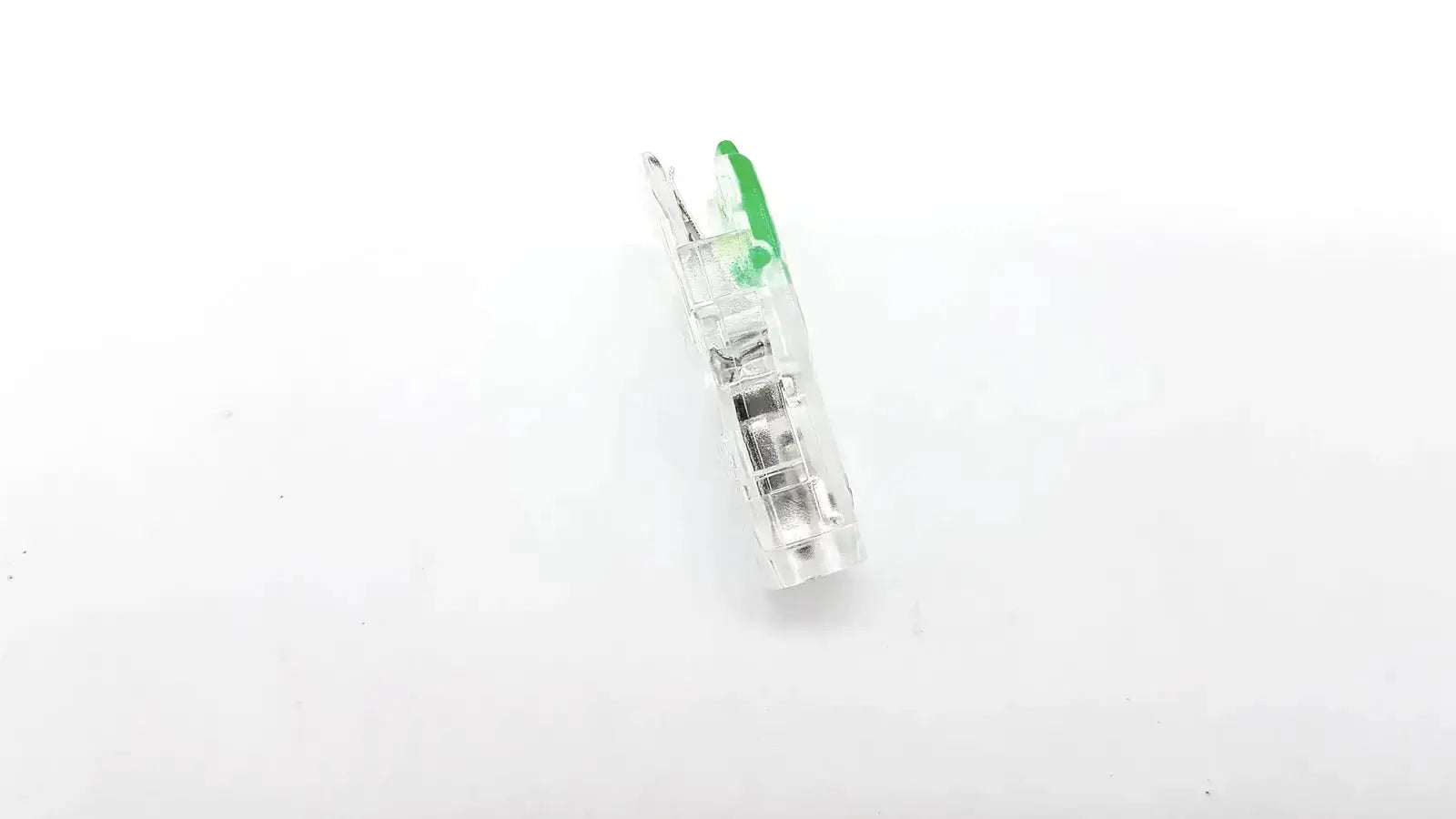 Ecg adapter clip 2056813-014 rev a clear plastic electrical connector with green insulated wire ends for secure connections