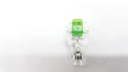 Clear plastic ecg adapter clip with bright green top cap for reliable electrical connection in medical devices