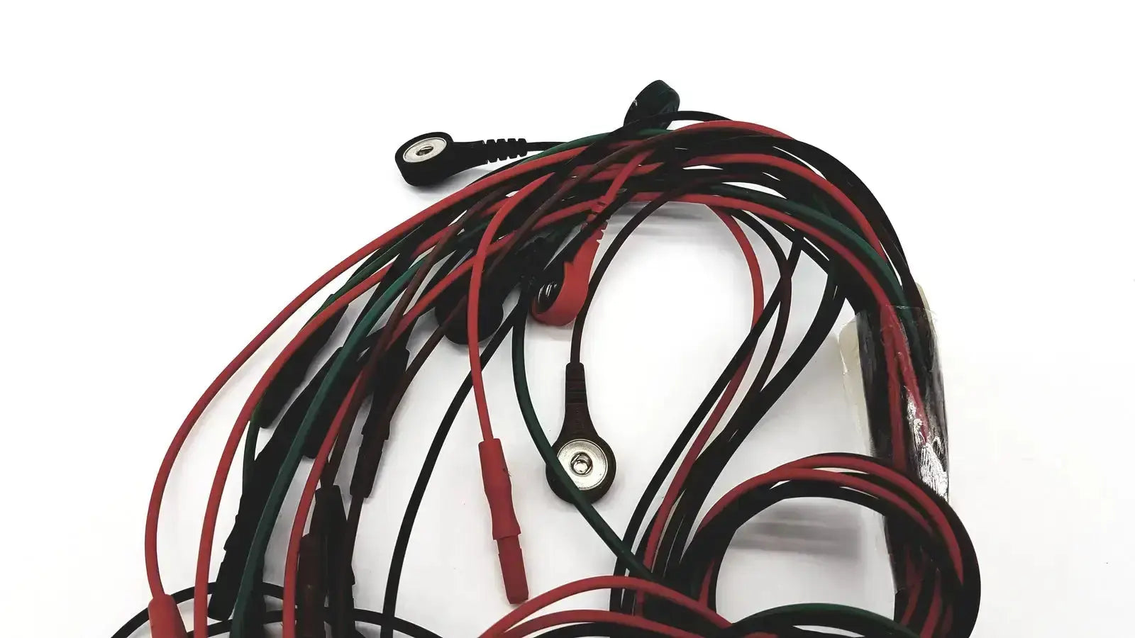A bundle of red and black medical-grade ecg bedside monitor snap cables with metallic circular connectors