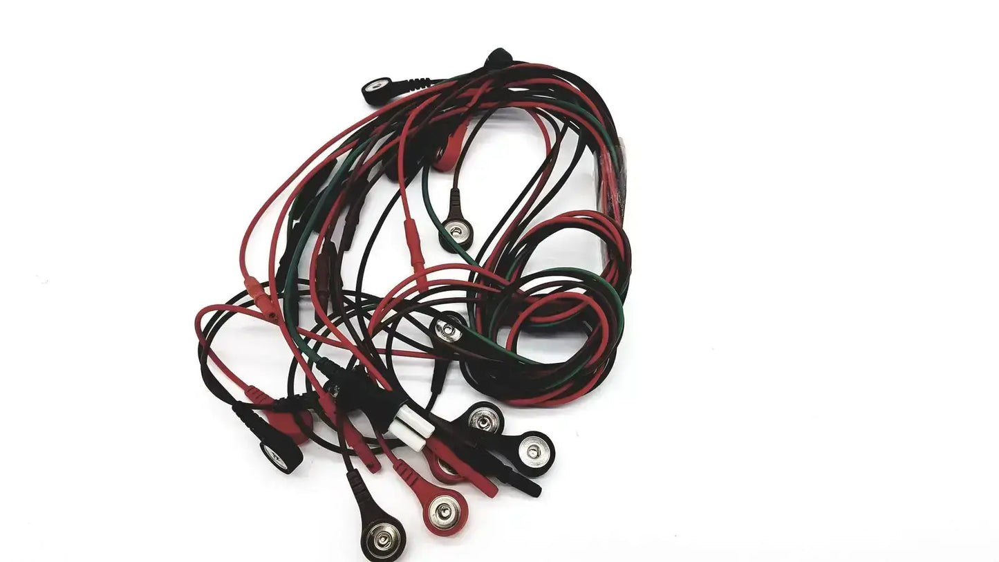 A bundle of red and black ecg bedside monitor snap cable lead wires with metallic connectors for medical use