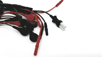 A bundle of medical-grade ecg bedside monitor snap cables with red and black insulated wires and ergonomic connectors