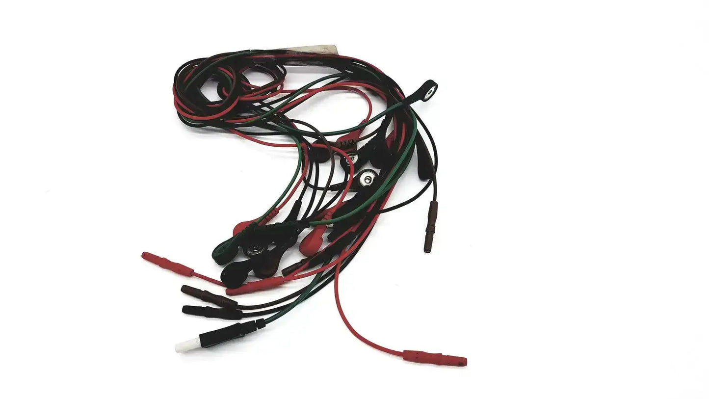 A bundle of red and black medical-grade ecg bedside monitor snap cable wires with plastic connectors