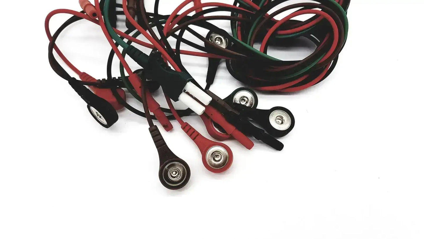 A bundle of red, black, and green medical-grade snap cable lead wires for ecg bedside monitor with metallic tips