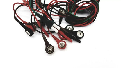A bundle of red, black, and green medical-grade snap cable lead wires for ecg bedside monitor with metallic tips